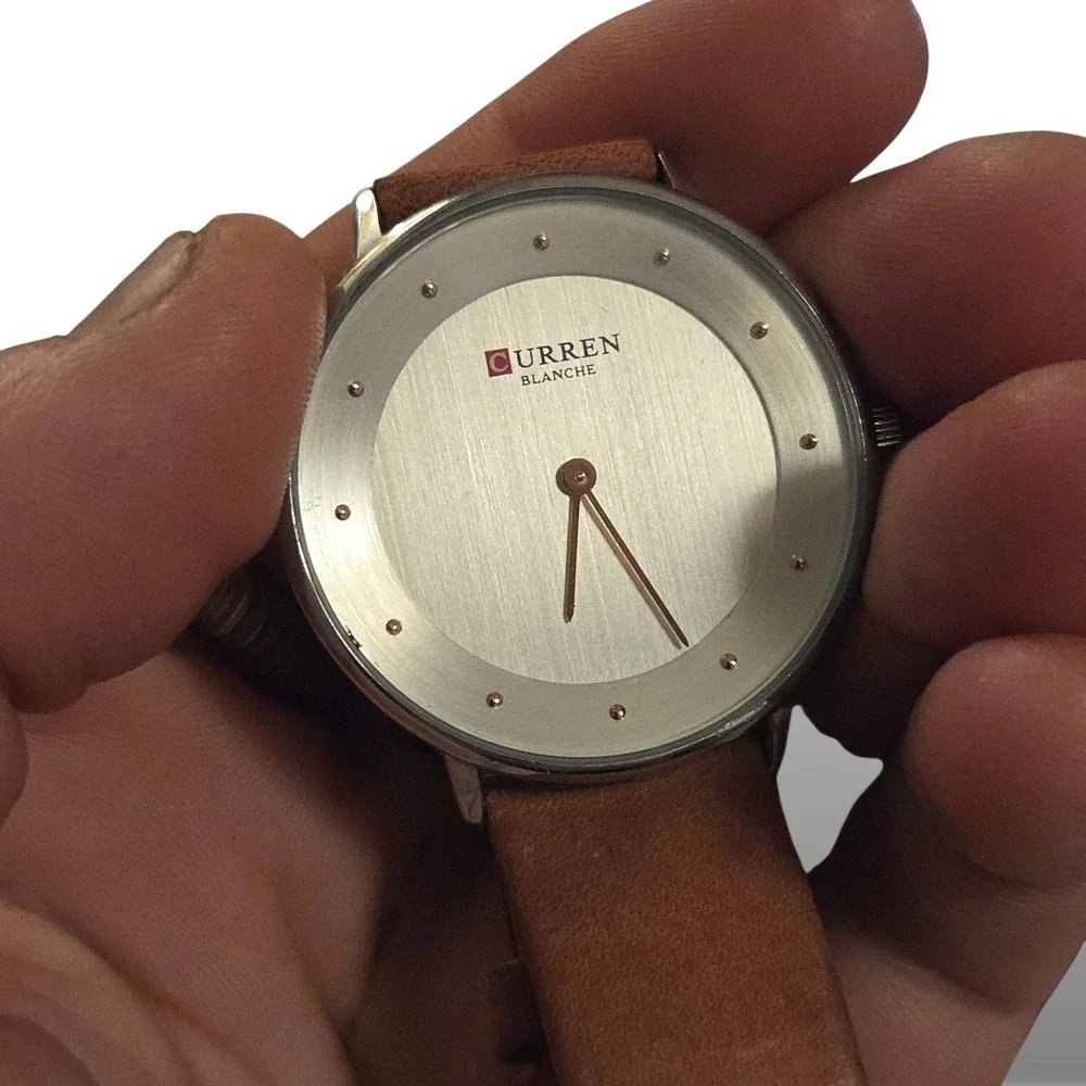 Curren Blanche Unisex Brown Leather Strap Minimalist Silver‎ Face Watch C9033L